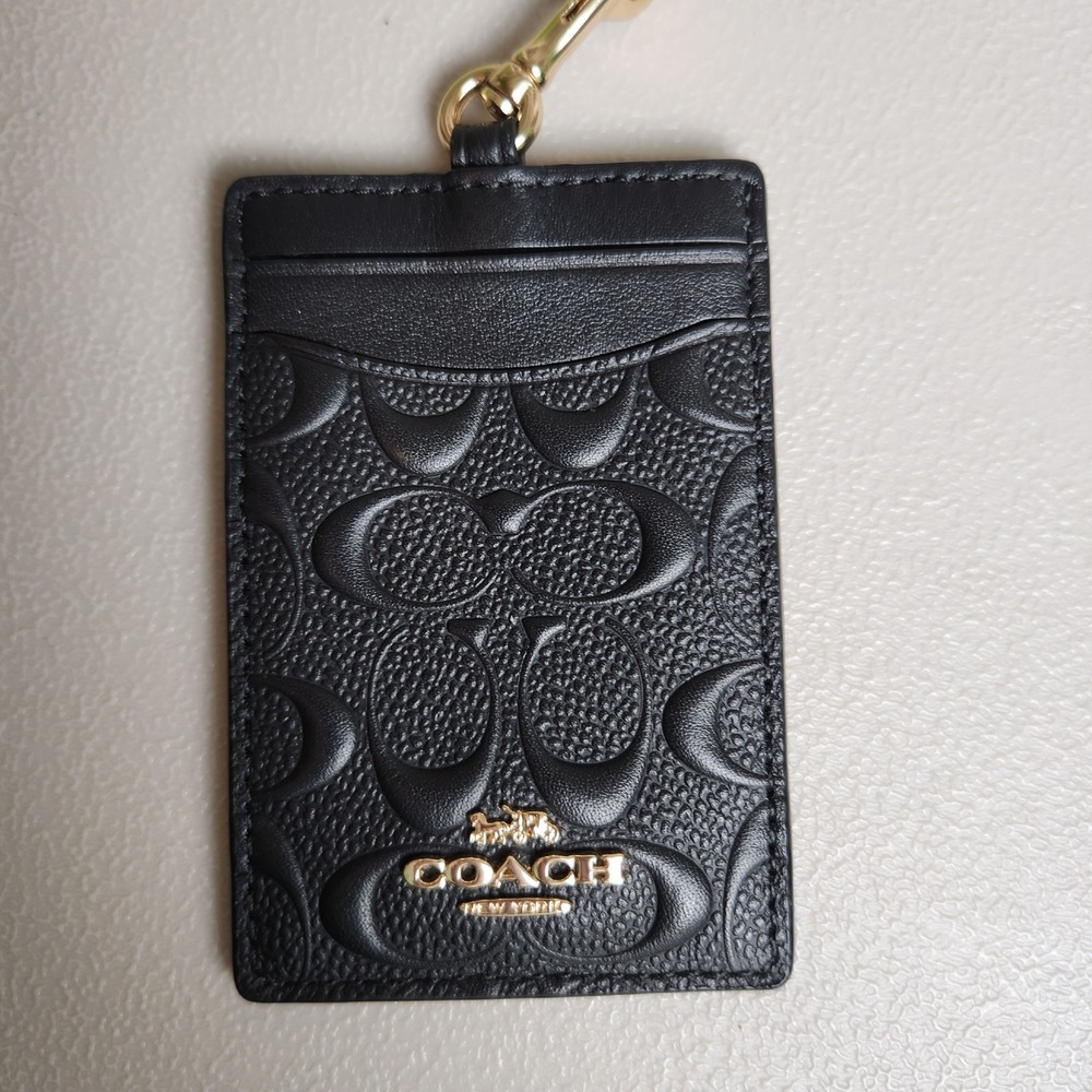 Coach ID Tag Holder Signature Embossed Black Leather Corporate Chic Preppy OS